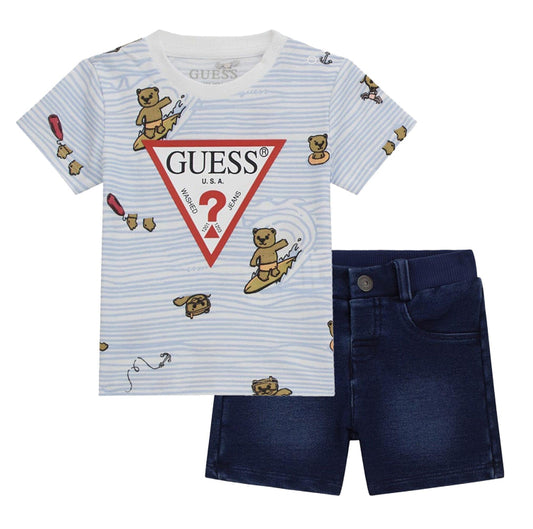 guess kids Logo-patch denim shorts and T-shirt set